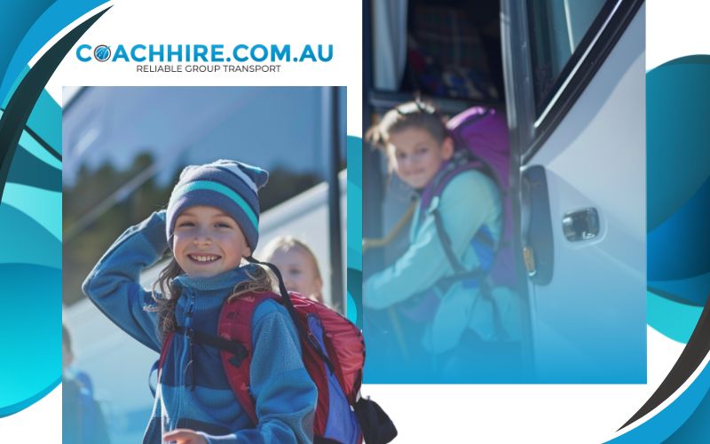 Children excitedly boarding a coach in camping clothes, group transport, June 2024, Australia